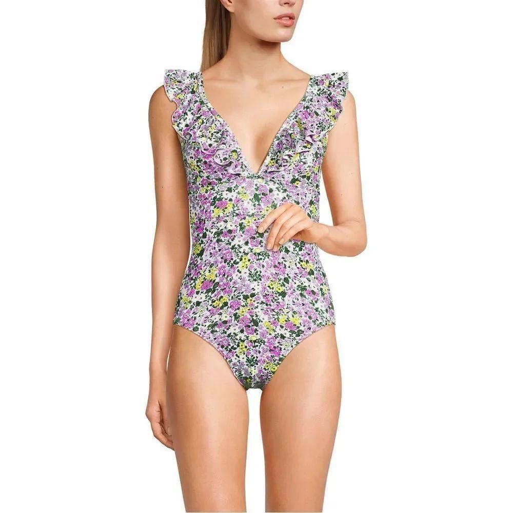 Land's End Pique Floral Ruffle Strappy Back White Multi Ditsy Floral 10 Long